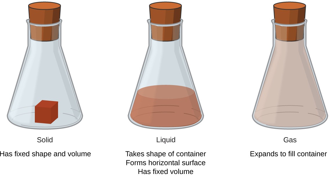 A beaker labeled solid contains a cube of red matter and says has fixed shape and volume. A beaker labeled liquid contains a brownish-red colored liquid. This beaker says takes shape of container, forms horizontal surfaces, has fixed volume. The beaker labeled gas is filled with a light brown gas. This beaker says expands to fill container.