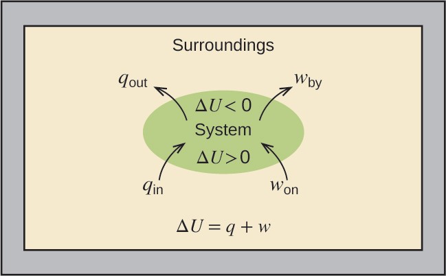 The internal energy, U, of a system can be changed by heat flow and work. If heat flows into the system, qin, or work is done on the system, won, its internal energy increases, ΔU > 0. If heat flows out of the system, qout, or work is done by the system, wby, its internal energy decreases, ΔU < 0.
