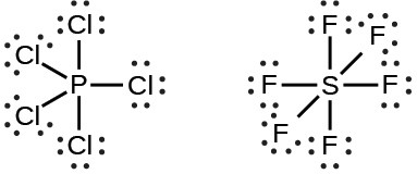 Two Lewis structures are shown. The left shows a phosphorus atom single bonded to five chlorine atoms, each with three lone pairs of electrons. The right shows a sulfur atom single bonded to six fluorine atoms, each with three lone pairs of electrons.