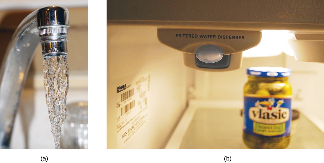 Two pictures are shown labeled a and b. Picture a is a close-up shot of water coming out of a faucet. Picture b shows a machine with the words, “Filtered Water Dispenser.” This machine appears to be inside a refrigerator.