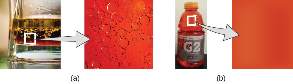 Diagram A shows a glass containing a red liquid with a layer of yellow oil floating on the surface of the red liquid. A zoom in box is magnifying a portion of the red liquid that contains some of the yellow oil. The zoomed in image shows that oil is forming round droplets within the red liquid. Diagram B shows a photo of Gatorade G 2. A zoom in box is magnifying a portion of the Gatorade, which is uniformly red.