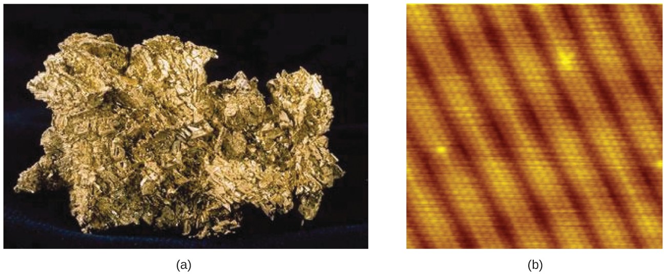 Figure A shows a gold nugget as it would appear to the naked eye. The gold nugget is very irregular, with many sharp edges. It appears gold in color. The microscope image of a gold crystal shows many similarly sized gold stripes that are separated by dark areas. Looking closely, one can see that the gold stripes are made of many, tiny, circular atoms.