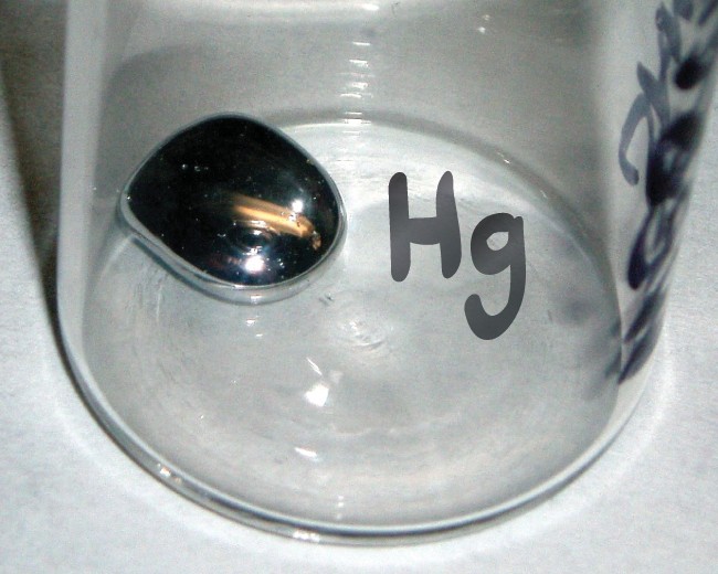 A jar labeled “H g” is shown with a small amount of liquid mercury in it.