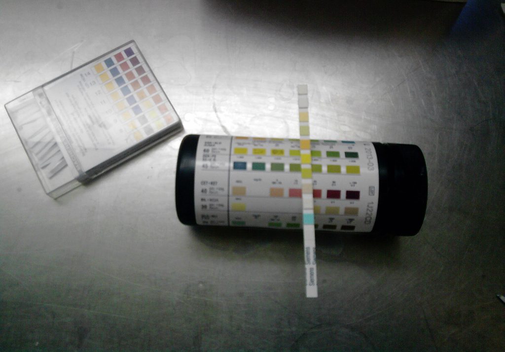 “Chemstrip2.jpg” by J3D3 is licensed under CC BY-SA 3.0 Image showing Chemstip kit for testing urine