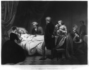 “Life_of_George_Washington_LCCN2002719381.jpg” by Popular Graphic Arts is in the Public Domain Image showing The Life of George Washington artwork, with George Washington on his death bed attended by family and friends