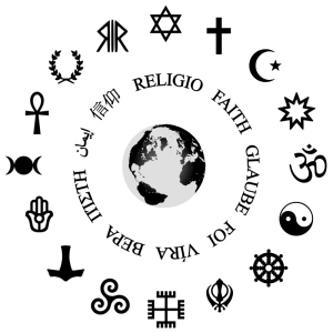 “RELIGIONES.png” by Niusereset is licensed under CC BY-SA 3.0 Image showing religious symbols circling a globe and religious text