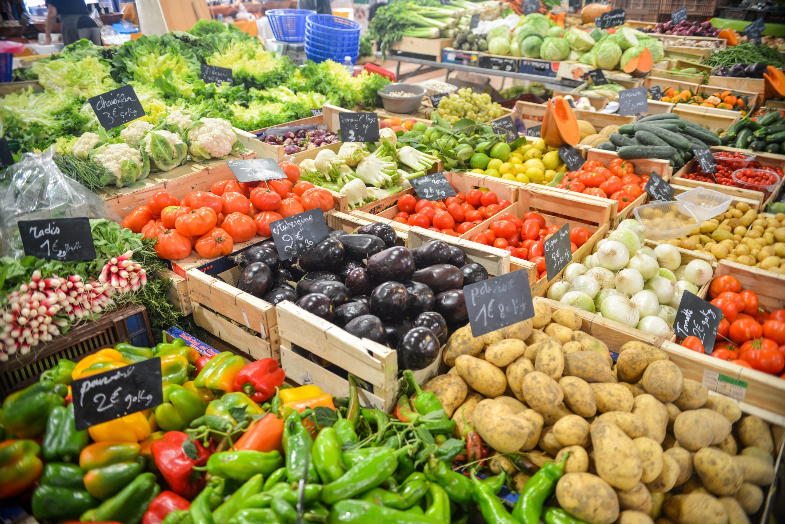 “Food-healthy-vegetables-potatoes_(23958160949).jpg” by www.Pixel.la Free Stock Photos is licensed under CC0 Image showing vegetables in labeled bins at a market