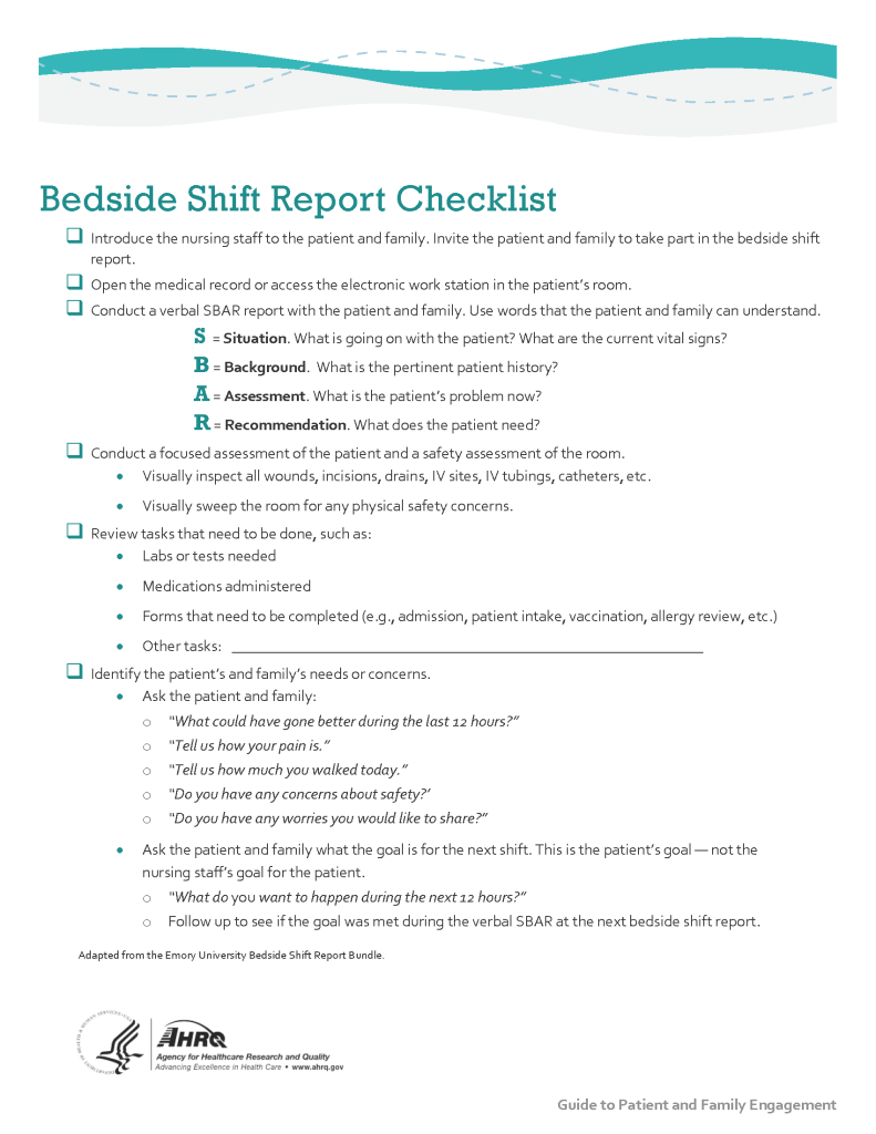 "Strat3_Tool_2_Nurse_Chklst_508.pdf" by AHRQ is licensed under CC0 Image showing Bedside Shift Report Checklist