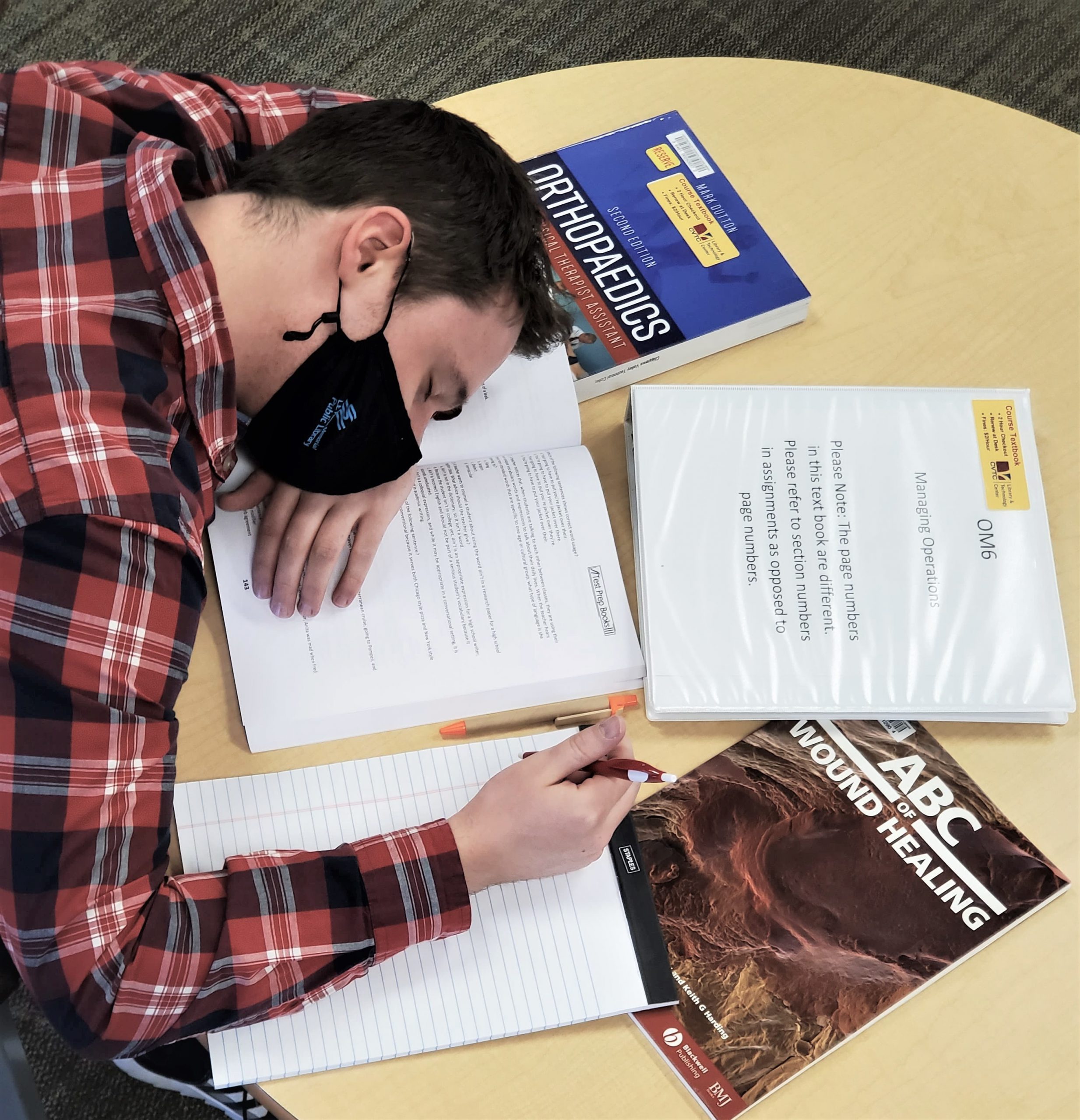 “Study_sleep.jpg” by Nic Ashman, Chippewa Valley Technical College is licensed under CC BY 4.0 Image showing a student sleeping, with head resting on their open textbooks
