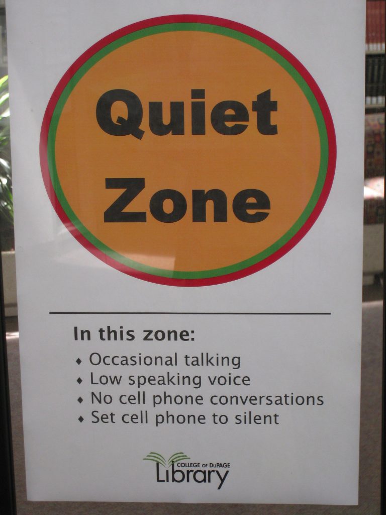 “In the Quiet Zone…” by C.O.D. Library is licensed under CC BY-NC-SA 2.0 Photo showing sign that says Quiet Zone