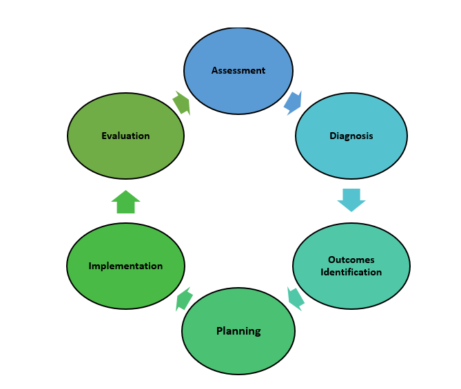 “The Nursing Process” by Kim Ernstmeyer at Chippewa Valley Technical College is licensed under CC BY 4.0 Image showing workflow of nursing process, with labels