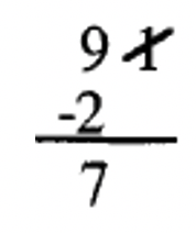 91 with 1 crossed out, subtract 2 from 9 to get the difference 7 down a horizontal bar.