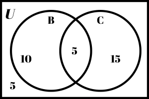 Double circle Venn diagram with all cardinality filled in.