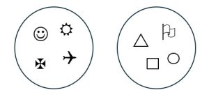 Circle one contains smiley face, sun, cross, and airplane. Circle two contains flag, triangle, square, and circle.