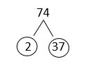 A factor tree of 74 using 2 and 37. 2 and 37 are circled.