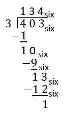 Long division showing 4 0 3 base six divided by 3.