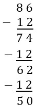 Vertical equation showing 86-12=74, 74-12=62, 62-12=50.