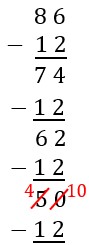 Picture showing breaking 50 apart using the standard algorithm of subtraction to solve 50 minus 12.