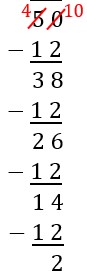 Vertical equation showing 4+10 minus 12 equals 38, 38-12=26, 26-12=14, 14-12=2.