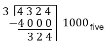 Scaffold showing first step of four three two four base five divided by four base five.
