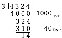 Scaffold showing second step of four three two four base five divided by four base five.