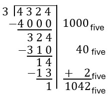 Scaffold showing entire process for four three two four base five divided by four base five.