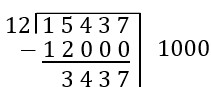 Scaffold showing the first step of 15,437 divided by 12. Shows 15,437-12,000 equals 3,437 and that was 1000 groups of size twelve.