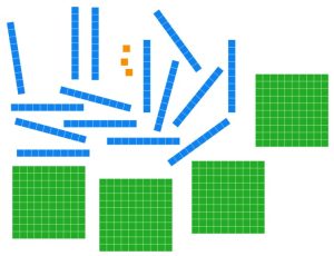 Base ten blocks - 4 flats, 15 longs, and 3 units
