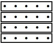 an array of 4 by 5 dots with boxes around the 4 rows of 5 dots