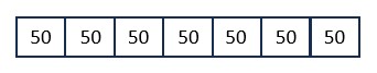 Row of seven equal boxes. Each has the number 50 in them.