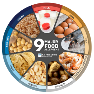 Graphic depicting the nine major food allergens: milk, eggs, fish, shellfish, tree nuts, peanuts, wheat, soybeans, and sesame