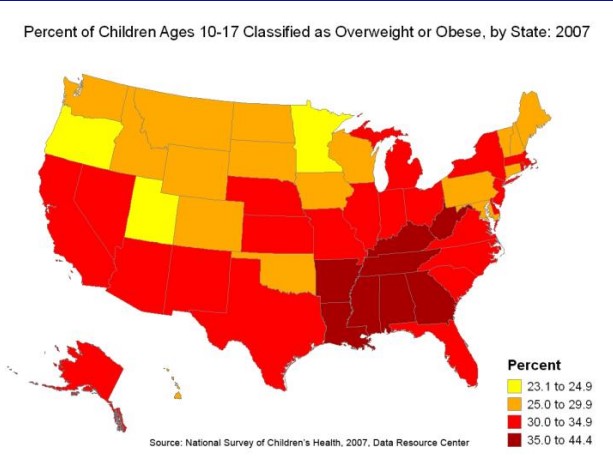 US Map showing childhood obesity by state