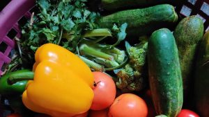 Image shows cucumbers, tomatoes, broccoli, parsley, and peppers in a purple basket.