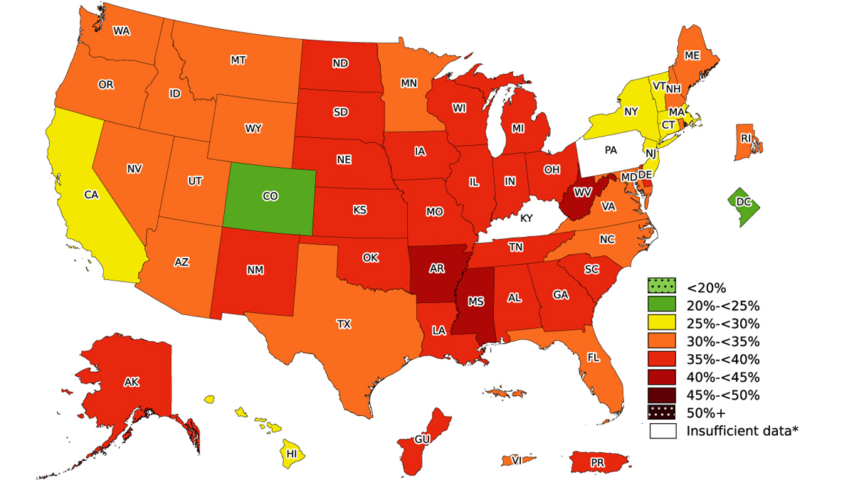 US state map of obesity prevalence