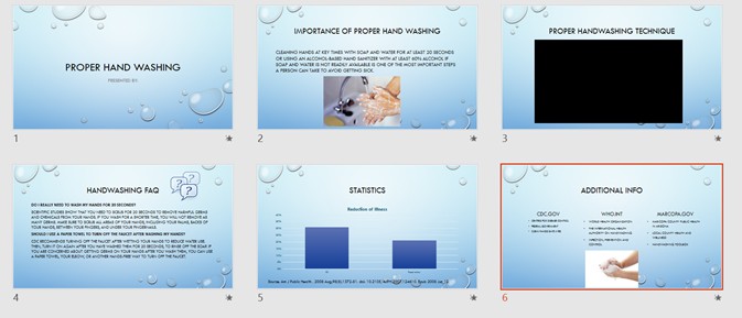 6 pages of a PowerPoint presentation on proper hand washing