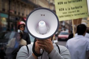person holding megaphone