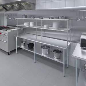 Image 11.1 A neatly organized stainless steel shelf with kitchen accessories in a commercial kitchen
