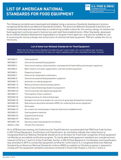 11.2.1 ImageList of American National Standards for Food Equipment Fact Sheet