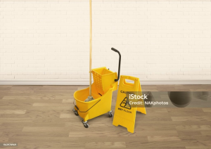 A yellow mop bucket with a wet floor sign