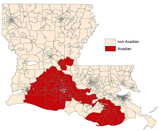 Map of Louisiana highlighting Acadian or French-speaking regions, primarily in the southern part of the state. Specific parishes or areas are shaded or outlined to indicate concentrations of French or Cajun French language use.