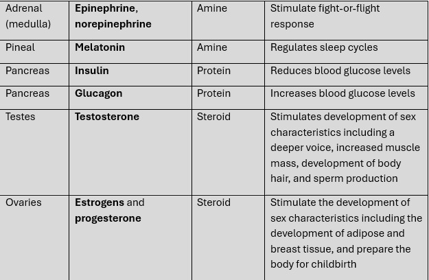 A table illustrating glands and what hormones are regulated by each gland.