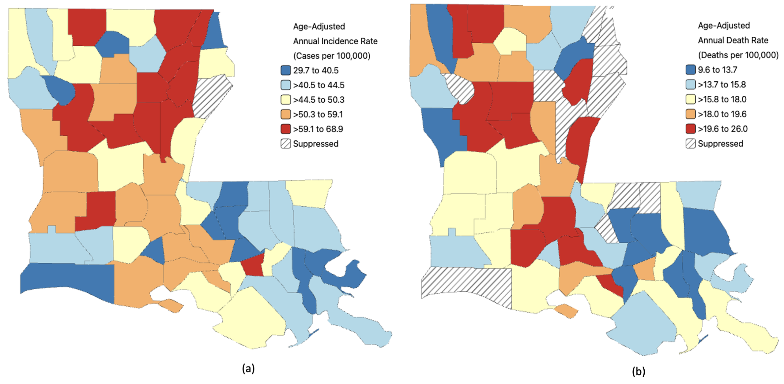 Two maps of Louisiana by parish displaying colorectal cancer (CRC) data for all races and ethnicities, both male and female. (a) Map shows incidence rates of new CRC cases from 2017 to 2021, with color variations representing differences across parishes. (b) Map illustrates CRC death rates from 2018 to 2022, using similar shading to indicate mortality rate differences by parish.