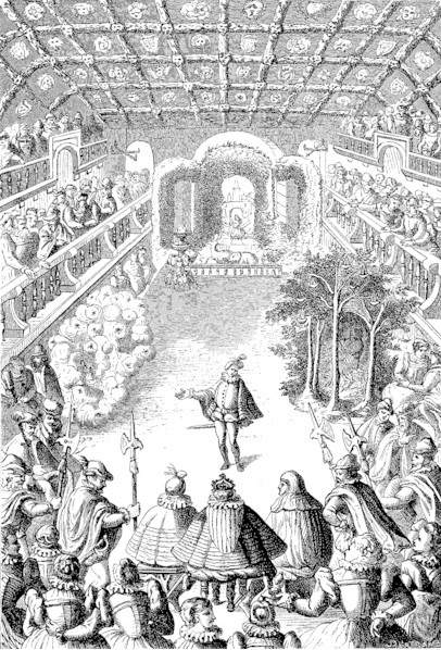 A drawing of a ballet performed in the gallery of the Louvre.
