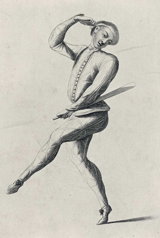 A drawing of an early pantomime performance.