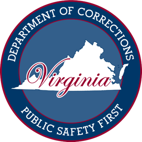 Circular emblem with "Department of Corrections," "Virginia" state outline, and "Public Safety First."