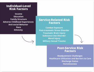 Diagram showing individual, service-related, and post-service risk factors with connecting arrows.
