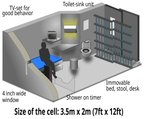 3D model of a prison cell with a bed, toilet-sink unit, barred window, and TV.