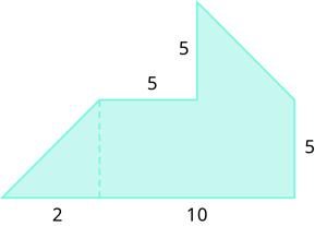A geometric shape is shown. It is composed of two trapezoids. The base is labeled 10. The height of one trapezoid is 2. The horizontal and vertical sides are all labeled 5.