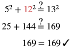 The first equation checks that 5 squared plus 12 squared equals 13 squared. The second equation checks that 25 plus 144 equals 169. The last equation is 169 equals 169, followed by a check mark.
