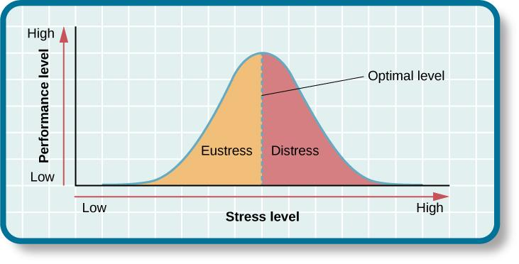 Bell curve showing performance increasing with stress up to an optimal point labeled “Eustress,” then declining into “Distress.”